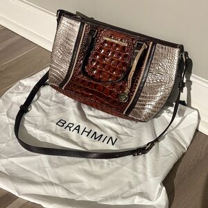Brahmin Brown and Silver Croc-Embossed Leather Crossbody with Dark Brown Trim